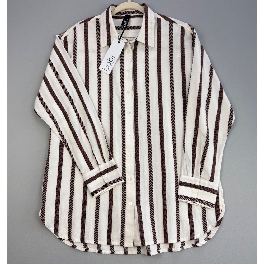 bobi Cream and Brown Vertical Stripe Button-Down Shirt